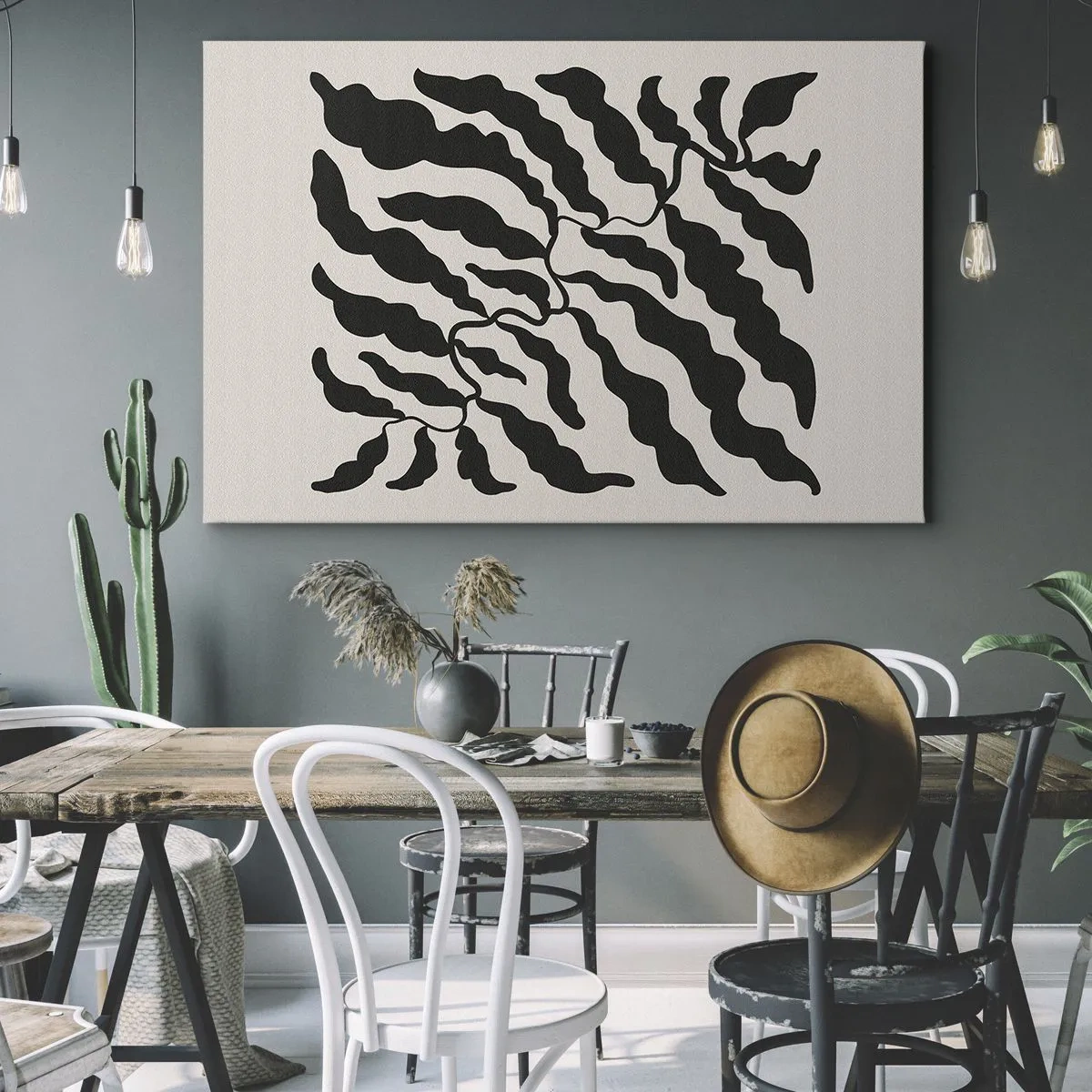 Obraz na plátne - Vetvičky s čiernymi listami na svetlom pozadí - 70x50cm - Povaha štvorca - Moderná nástenná dekorácia do obývacej izby a spálne ARTTOR