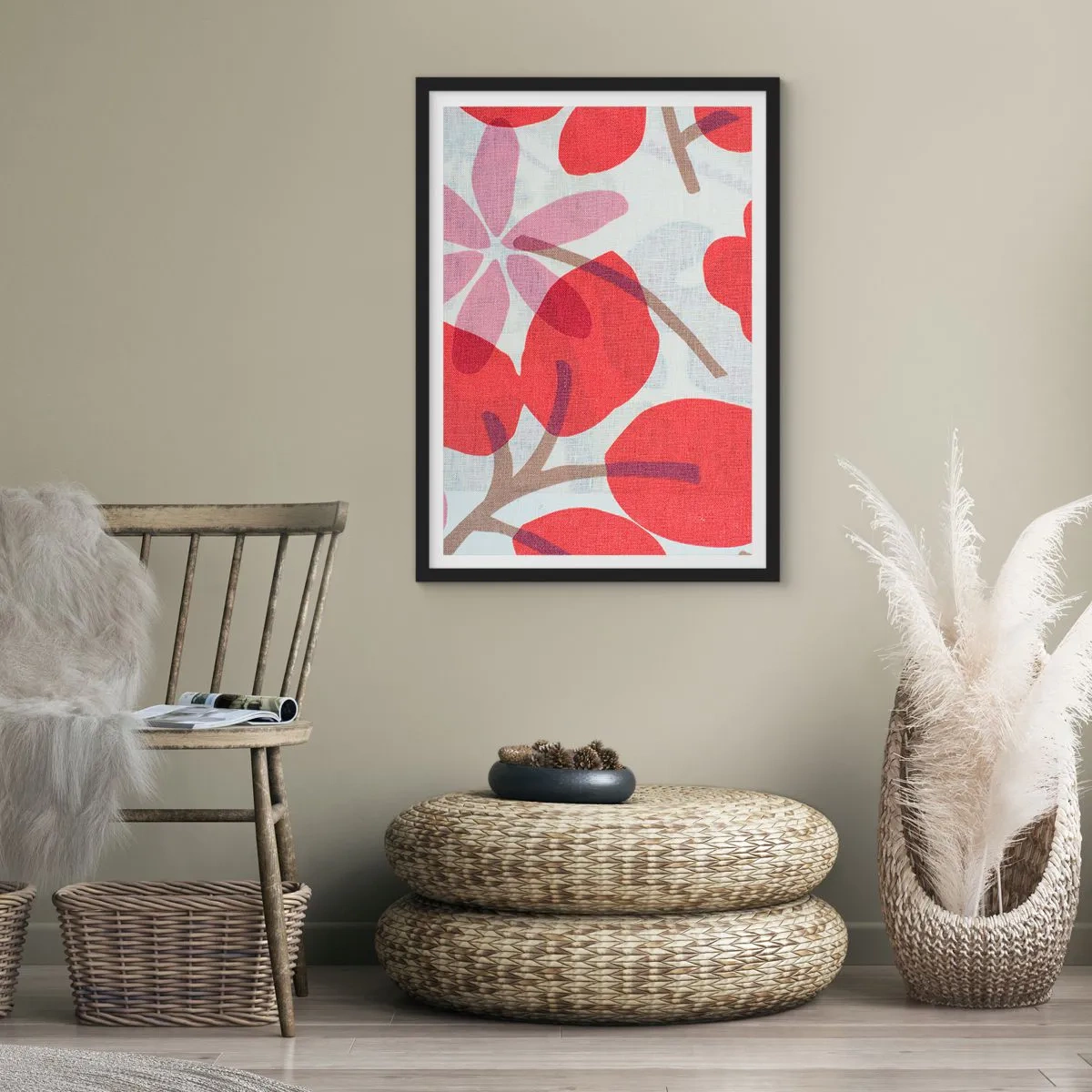 Plagát v čiernom ráme - Botanické zloženie listov a kvetov v červenej farbe - 50x70cm - Kvetinová kompozícia v ružovej - Moderná nástenná dekorácia do obývacej izby a spálne ARTTOR