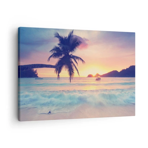 Obraz na plátne - Pláž s palmou a západom slnka nad oceánom - 70x50cm - Večer v zátoke - Moderná nástenná dekorácia do obývacej izby a spálne ARTTOR