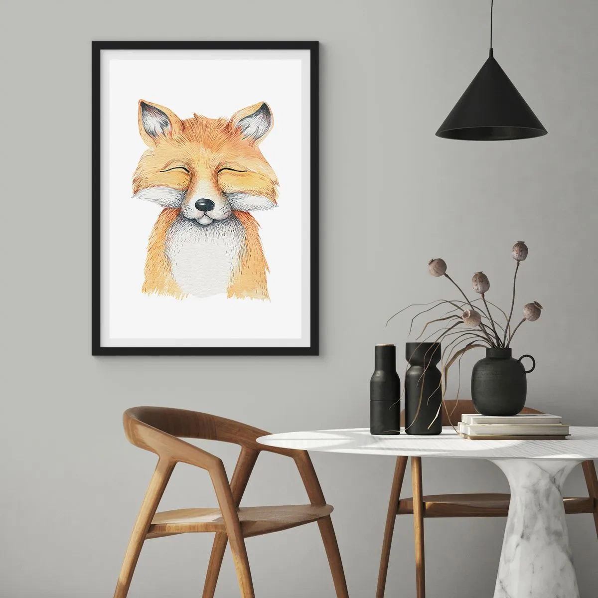 Plagát v čiernom ráme - Očarujúca kresba usmievavej líšky v jemných farbách - 50x70cm - Líščia rozladenosť - Moderná nástenná dekorácia do obývacej izby a spálne ARTTOR