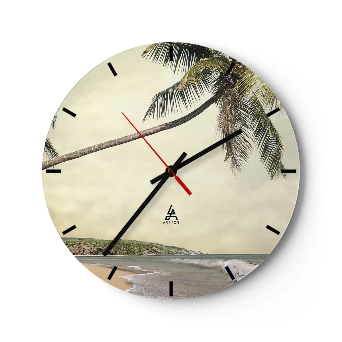 Nástenné hodiny - Palmy na pozadí tropickej pláže - 30x30cm - Tropický sen - Moderná nástenná dekorácia do obývacej izby, kuchyne a spálne ARTTOR