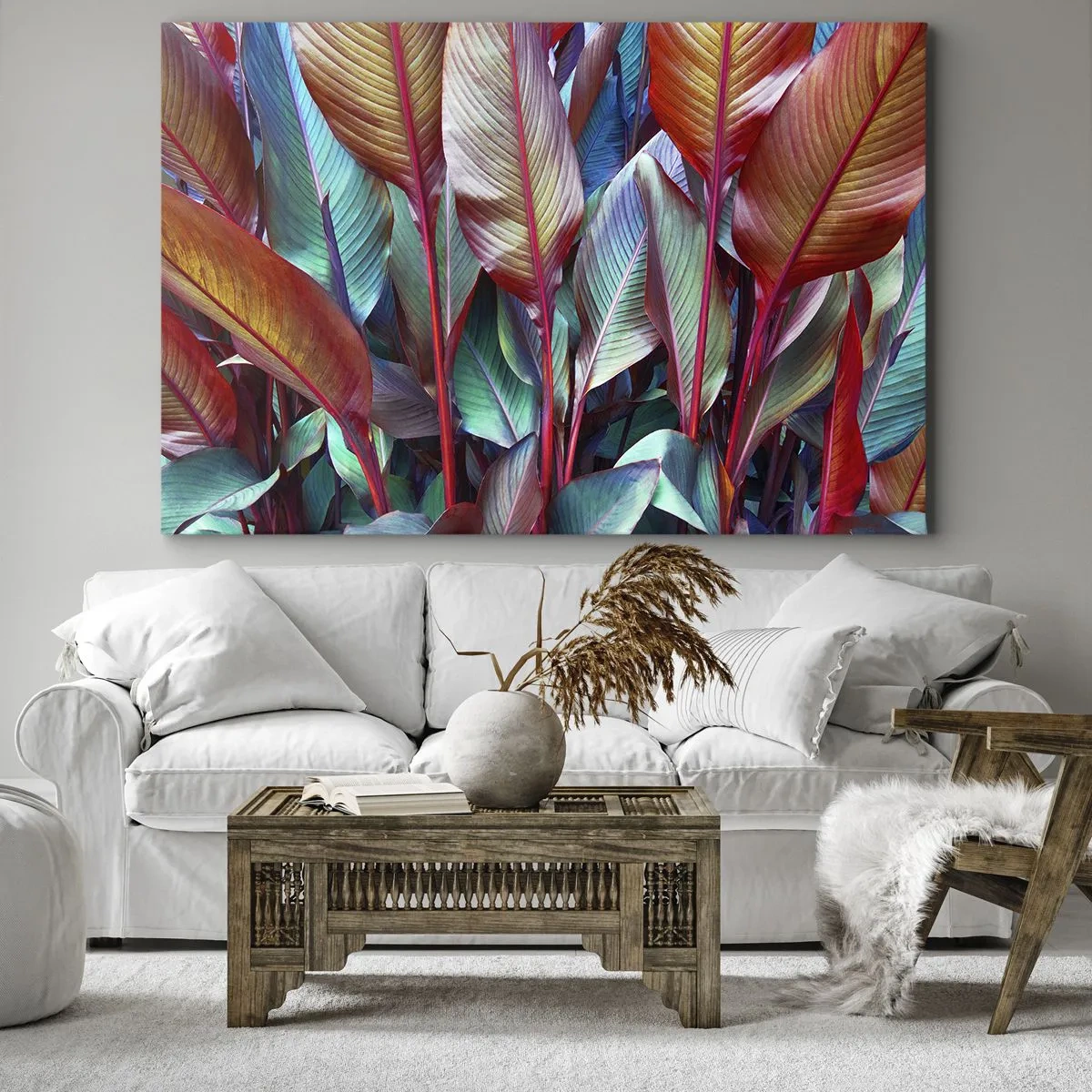 Obraz na plátne - Farebné listy tropických rastlín v húštine - 70x50cm - Farebná húština - Moderná nástenná dekorácia do obývacej izby a spálne ARTTOR