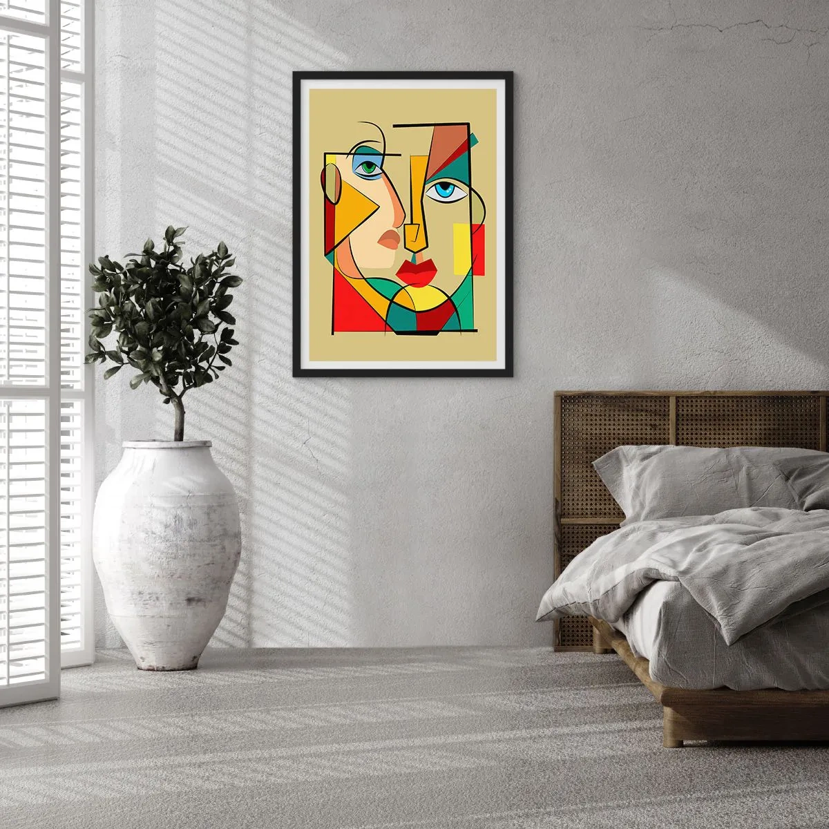 Plagát v čiernom ráme - Kubistický portrét v intenzívnych farbách - 50x70cm - Zhodný pár - Moderná nástenná dekorácia do obývacej izby a spálne ARTTOR