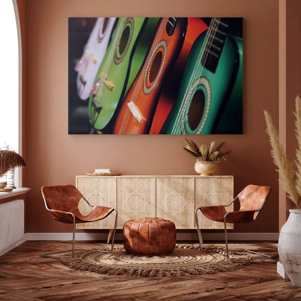 Obraz na plátne - Farebné gitary v rôznych odtieňoch usporiadané v rade - 70x50cm - Gitara má veľa farieb - Moderná nástenná dekorácia do obývacej izby a spálne ARTTOR