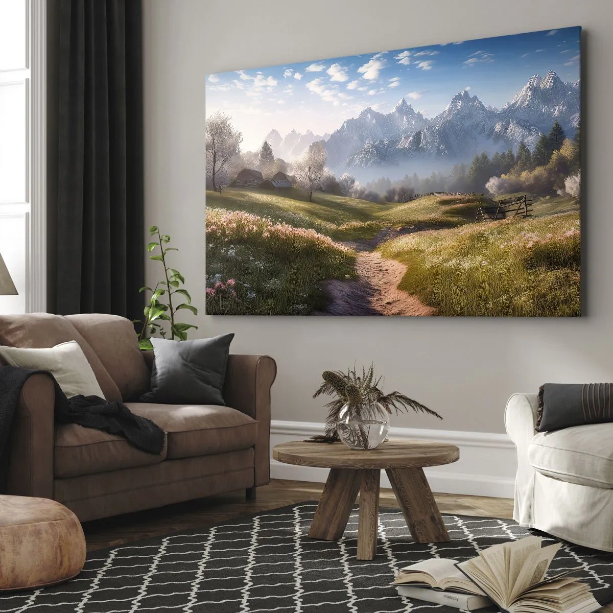 Obraz na plátne - Horské údolie s lúkami, chatkami a výhľadom na vrcholky - 70x50cm - Idylické údolie - Moderná nástenná dekorácia do obývacej izby a spálne ARTTOR