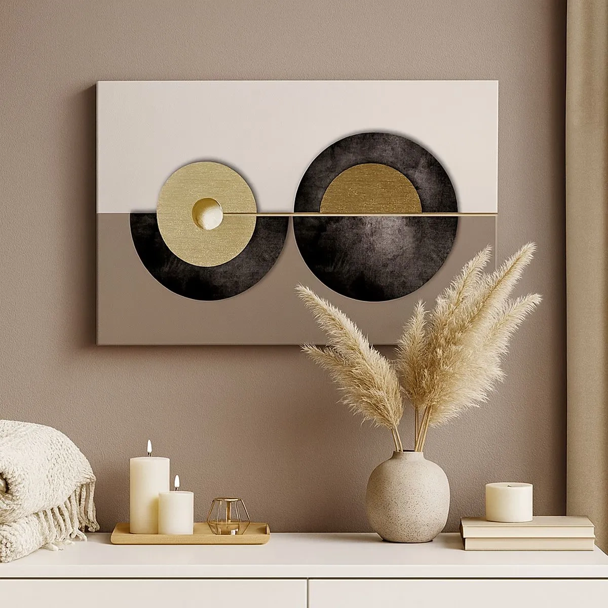 Obraz na plátne - Abstraktné kruhy v odtieňoch zlatej a hnedej - 70x50cm - Variácie okolo kruhu - Moderná nástenná dekorácia do obývacej izby a spálne ARTTOR