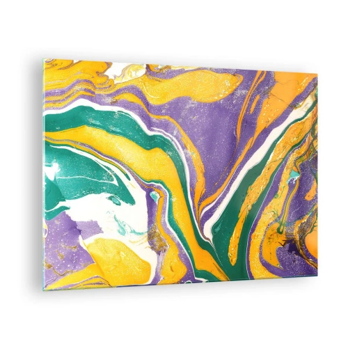 Obraz na skle - Abstraktný vlnový vzor v žltej, fialovej a zelenej farbe - 70x50cm - Vlny farieb - Moderná nástenná dekorácia do obývacej izby a spálne ARTTOR