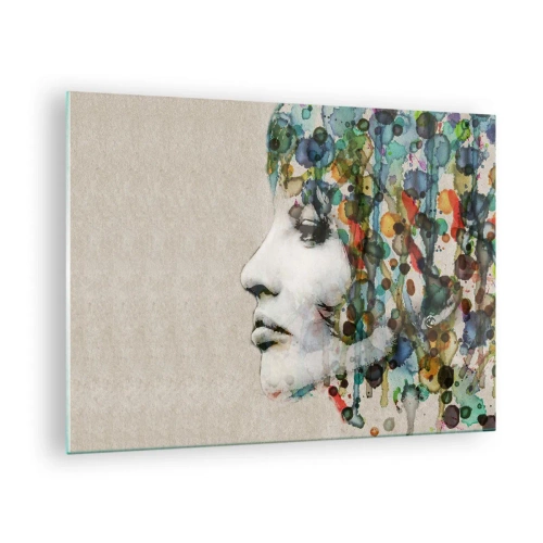 Obraz na skle - Portrét ženy s abstraktnými farebnými akcentmi - 70x50cm - Vynorila sa zo šedej - Moderná nástenná dekorácia do obývacej izby a spálne ARTTOR