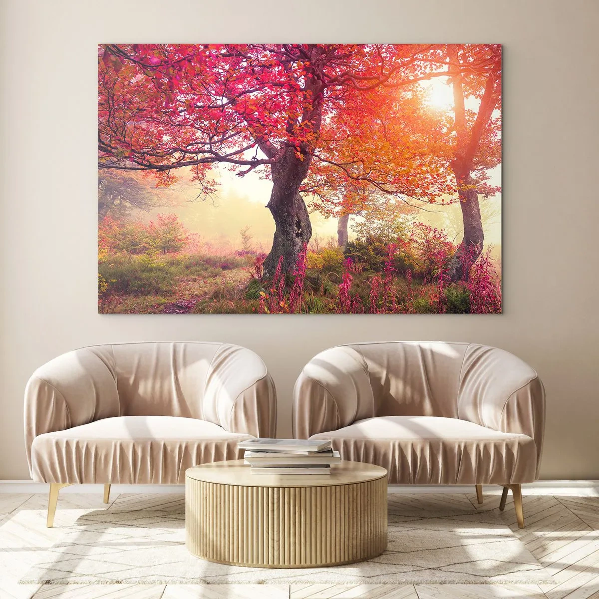 Obraz na skle - Jesenný les s rannými slnečnými lúčmi - 70x50cm - Šialenstvo rozkvetu - Moderná nástenná dekorácia do obývacej izby a spálne ARTTOR