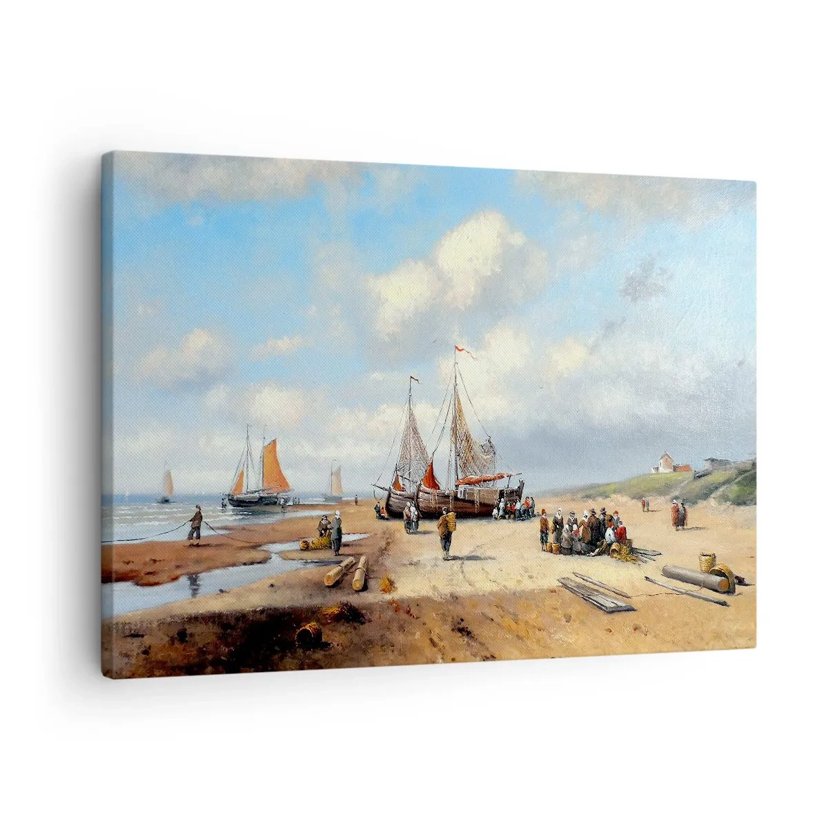 Obraz na plátne - Rybárske lode na pláži s ľudskými postavami - 70x50cm - Po úspešnom rybolove - Moderná nástenná dekorácia do obývacej izby a spálne ARTTOR