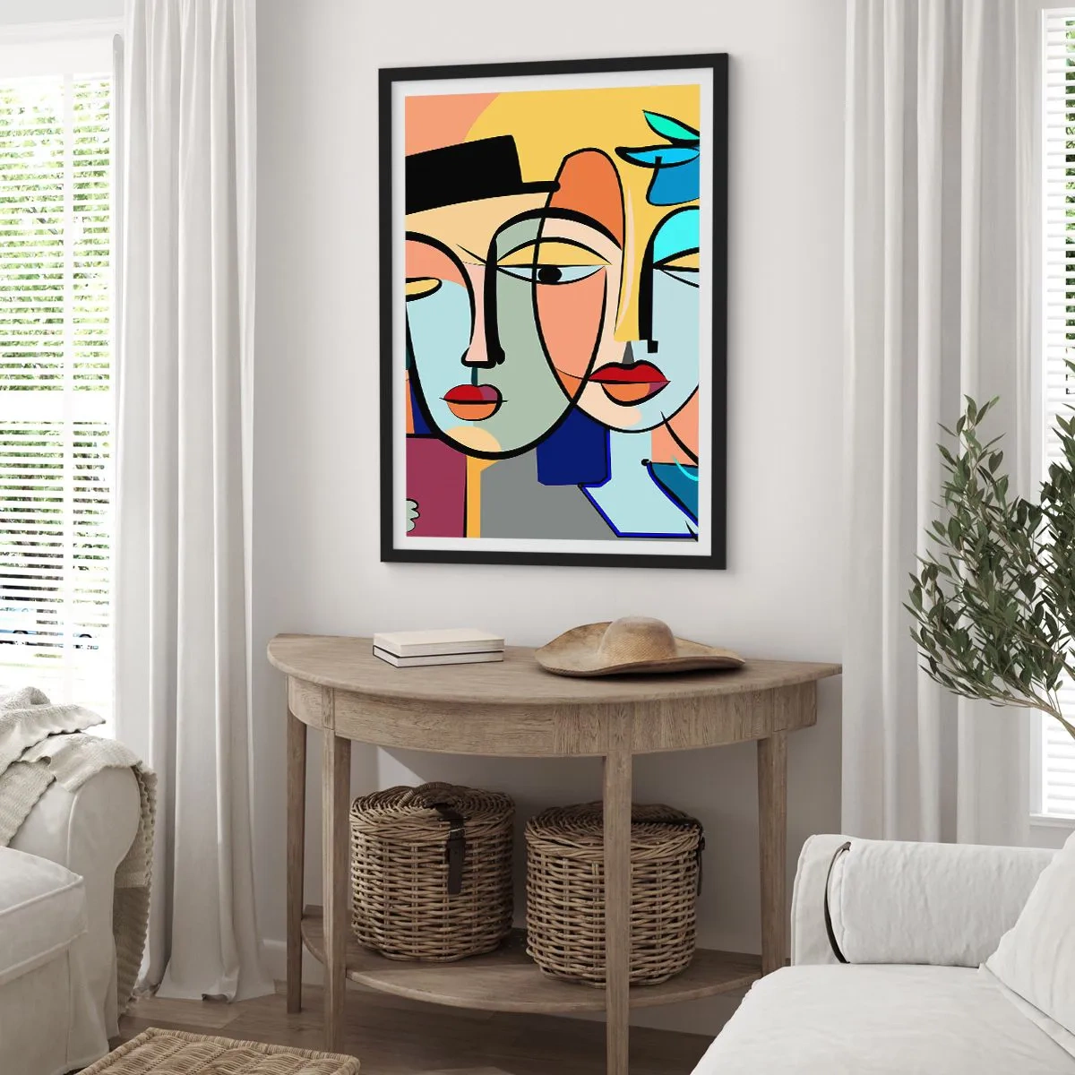 Plagát v čiernom ráme - Farebná abstraktná kompozícia tvárí v kubistickom štýle - 50x70cm - Picassovo randez vous - Moderná nástenná dekorácia do obývacej izby a spálne ARTTOR