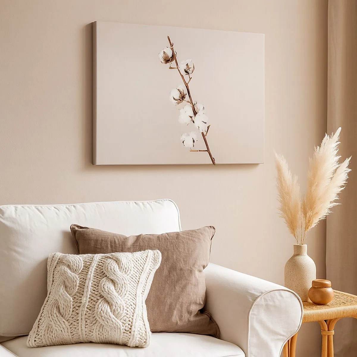 Obraz na plátne - Vetvička bavlny na béžovom pozadí - 70x50cm - Pri zdroji mäkkosti - Moderná nástenná dekorácia do obývacej izby a spálne ARTTOR