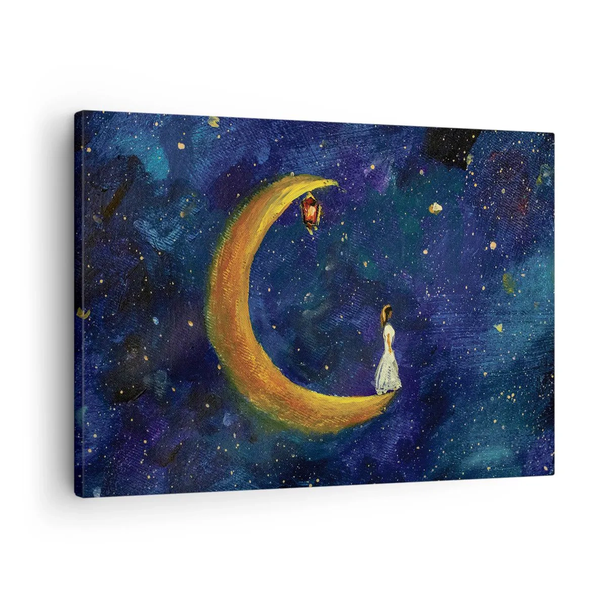 Obraz na plátne - Dievča stojace na mesiaci na hviezdnej oblohe - 70x50cm - Volanie sveta - Moderná nástenná dekorácia do obývacej izby a spálne ARTTOR