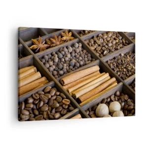 Obraz na plátne - Korenie a káva v drevených priehradkách - 70x50cm - Pokladnice vôní - Moderná nástenná dekorácia do obývacej izby a spálne ARTTOR