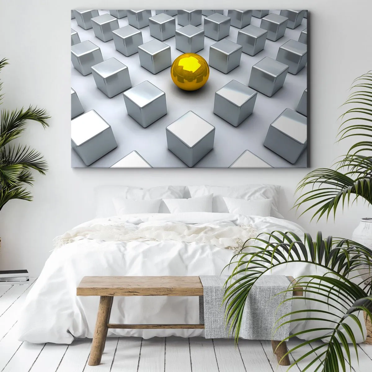 Obraz na plátne - Zlatá guľa vyčnievajúca medzi striebornými kockami - 70x50cm - Prečo ja? Geometrická kompozícia - Moderná nástenná dekorácia do obývacej izby a spálne ARTTOR
