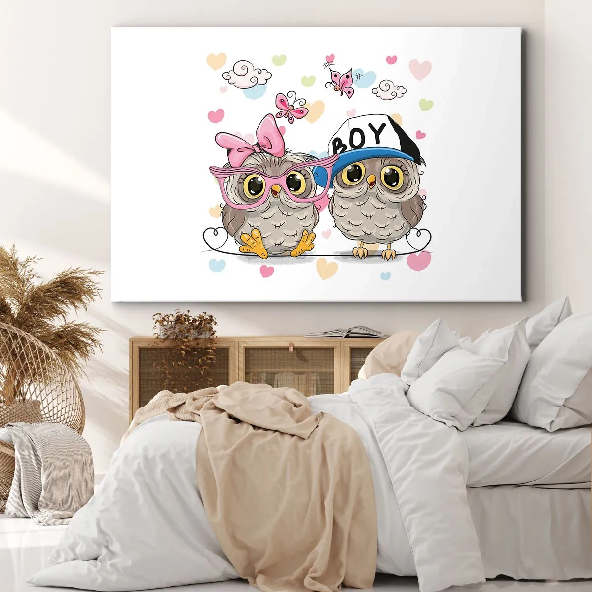 Obraz na plátne - Dve rozkošné sovy obklopené srdiečkami - 70x50cm - Milujme sa! - Moderná nástenná dekorácia do obývacej izby a spálne ARTTOR