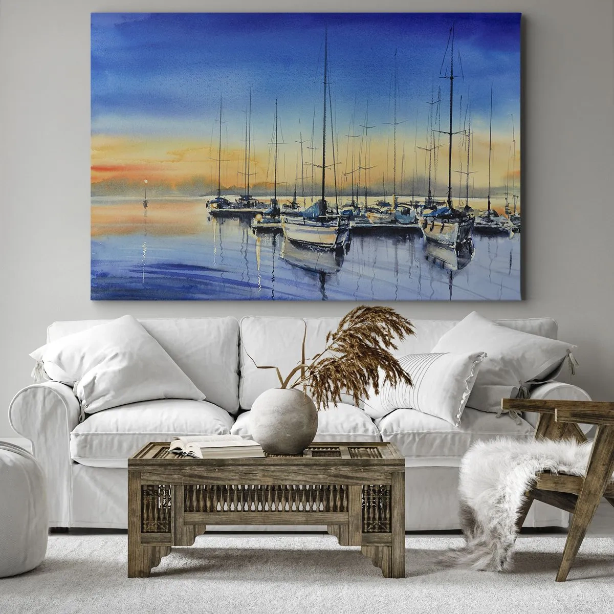 Obraz na plátne - Jachtársky prístav pri západe slnka s odrazmi na vode - 70x50cm - Koniec dobrého dňa - Moderná nástenná dekorácia do obývacej izby a spálne ARTTOR