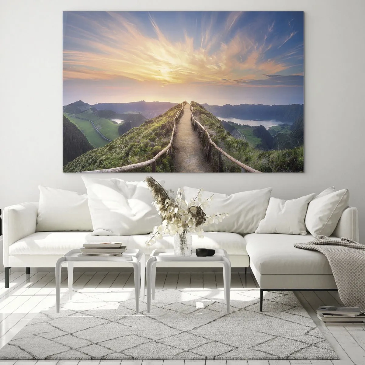 Obraz na skle - Chodník na vrchole kopca s výhľadom na západ slnka - 70x50cm - Blízko neba - Moderná nástenná dekorácia do obývacej izby a spálne ARTTOR