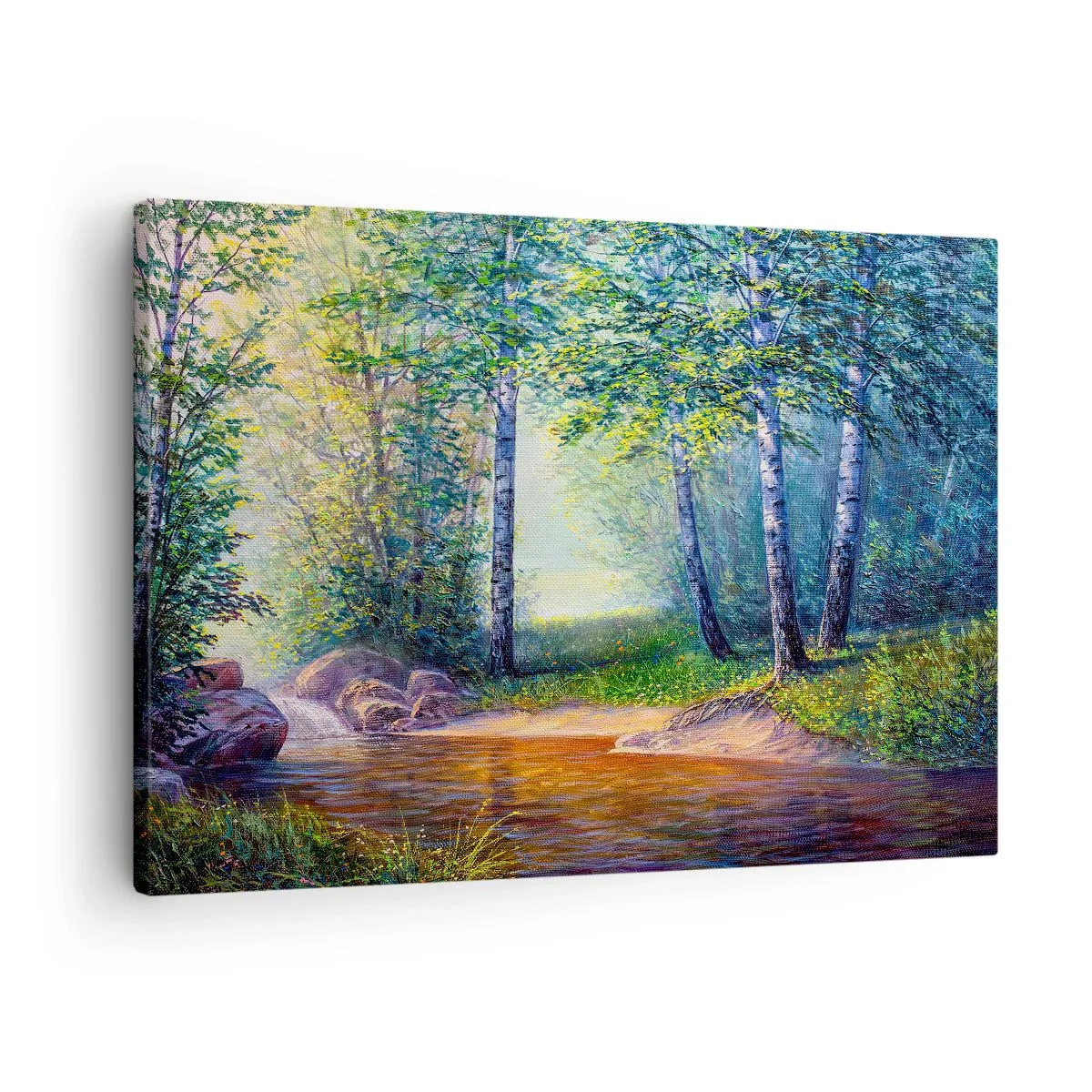 Obraz na plátne - Lesný potok obklopený brezami a slnečným žiarením - 70x50cm - Idylické prostredie - Moderná nástenná dekorácia do obývacej izby a spálne ARTTOR