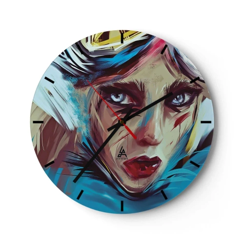 Nástenné hodiny - Výrazný portrét ženy v intenzívnych farbách - 30x30cm - Silničná bojovníčka - Moderná nástenná dekorácia do obývacej izby, kuchyne a spálne ARTTOR
