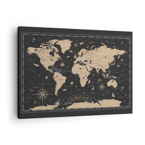 Obraz na plátne - Štylizovaná mapa sveta na čiernom pozadí s béžovými akcentmi. - 70x50cm - Hranice môjho sveta - Moderná nástenná dekorácia do obývacej izby a spálne ARTTOR