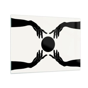 Obraz na skle - Čierne ruky okolo čierneho kruhu na svetlom pozadí - 70x50cm - Tajné znamenie - Moderná nástenná dekorácia do obývacej izby a spálne ARTTOR