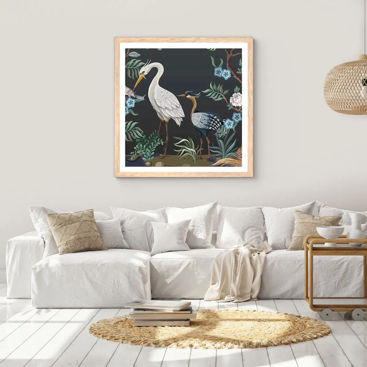 Plagát v ráme zo svetlého duba - Vtáčí sprievod - 60x60 cm