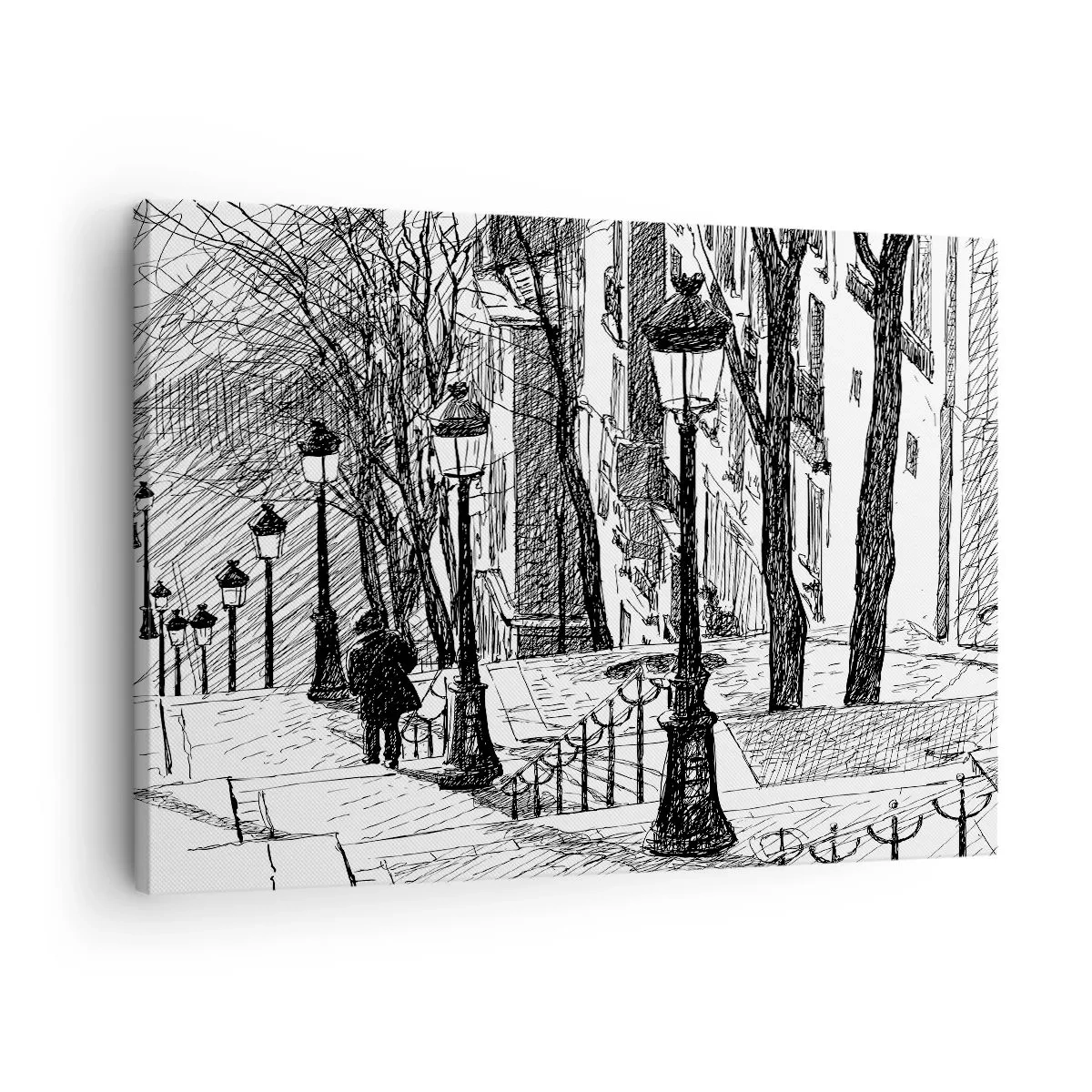 Obraz na plátne - Ulica s lampami a ľudskou siluetou v technike náčrtu - 70x50cm - Milostný príbeh alebo horor? - Moderná nástenná dekorácia do obývacej izby a spálne ARTTOR