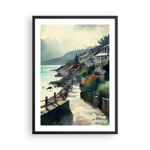 Plagát v čiernom ráme - Malebná prímorská cesta v akvarelovom štýle - 50x70cm - Stredomorské mestečko - Moderná nástenná dekorácia do obývacej izby a spálne ARTTOR