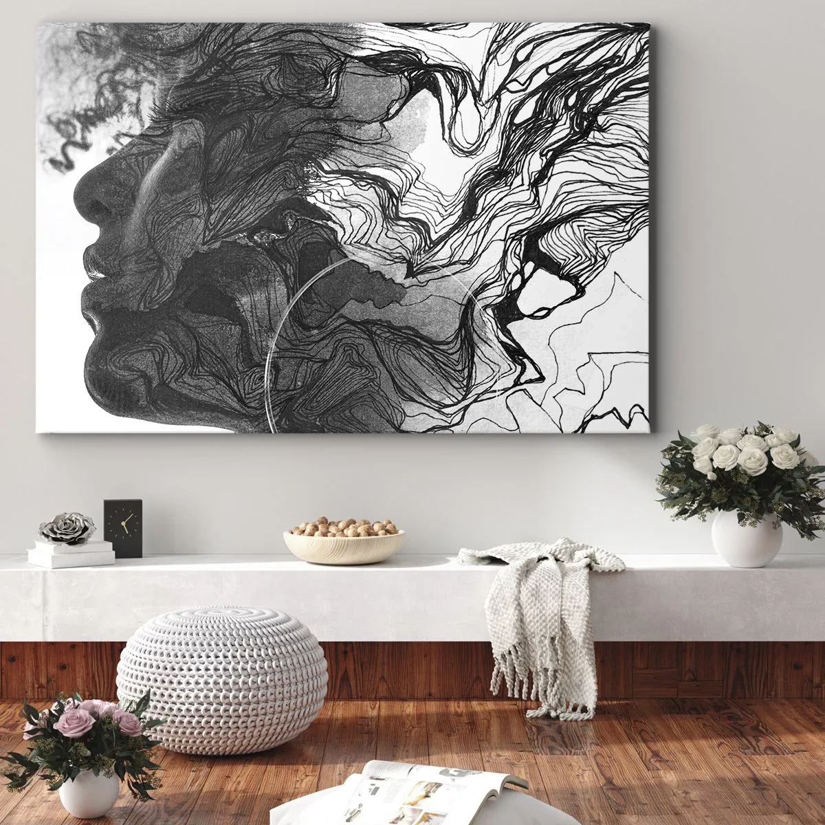 Obraz na plátne - Abstraktná tvár v čiernej a bielej farbe s dynamickými líniami. - 70x50cm - Zapletená v snoch - Moderná nástenná dekorácia do obývacej izby a spálne ARTTOR