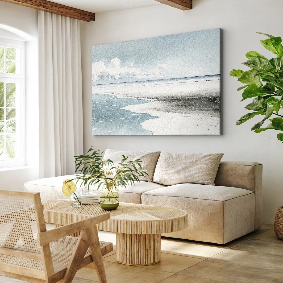 Obraz na plátne - Pokojné more a pláž vo svetlých odtieňoch modrej - 70x50cm - Jemný príliv - Moderná nástenná dekorácia do obývacej izby a spálne ARTTOR
