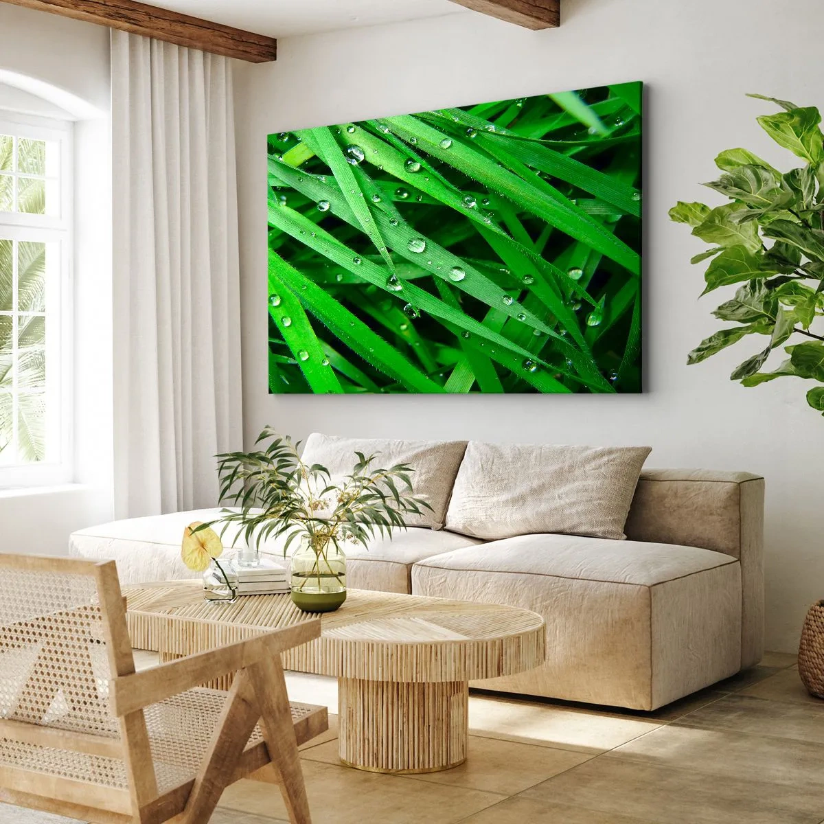 Obraz na plátne - Detailný záber na zelené steblá trávy s kvapkami rosy - 70x50cm - Hrajte na zelenú - Moderná nástenná dekorácia do obývacej izby a spálne ARTTOR