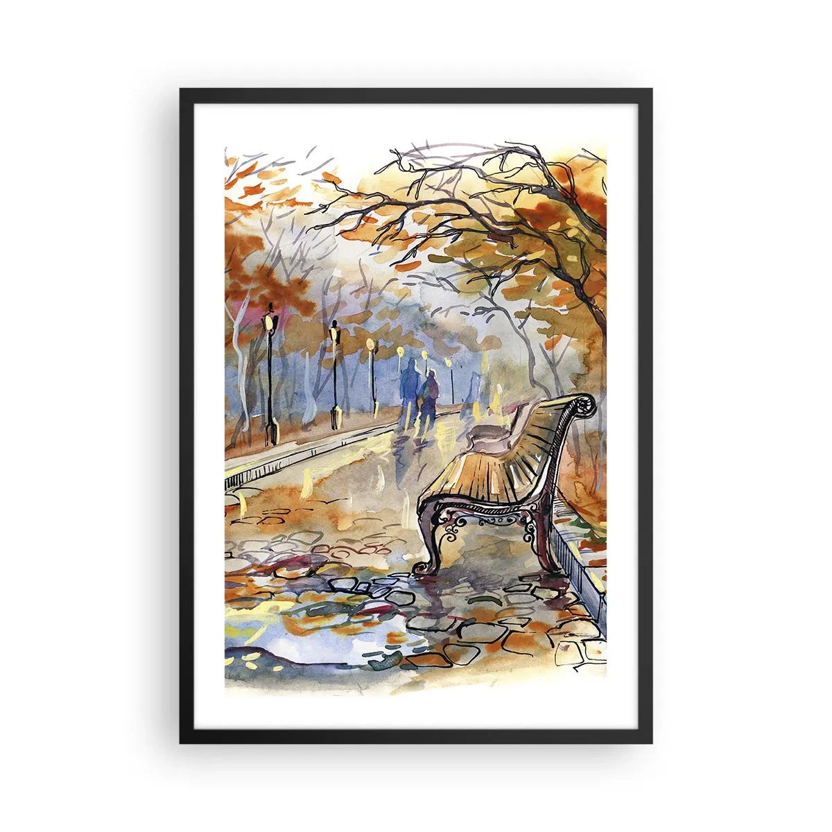 Plagát v čiernom ráme - Lavička v jesennom parku, akvarel - 50x70cm - Spoločne putovať jeseňou - Moderná nástenná dekorácia do obývacej izby a spálne ARTTOR