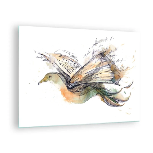 Obraz na skle - Vták z rozvinutej knihy, umelecká metafora pre poznanie - 70x50cm - Na krídlach poézie - Moderná nástenná dekorácia do obývacej izby a spálne ARTTOR