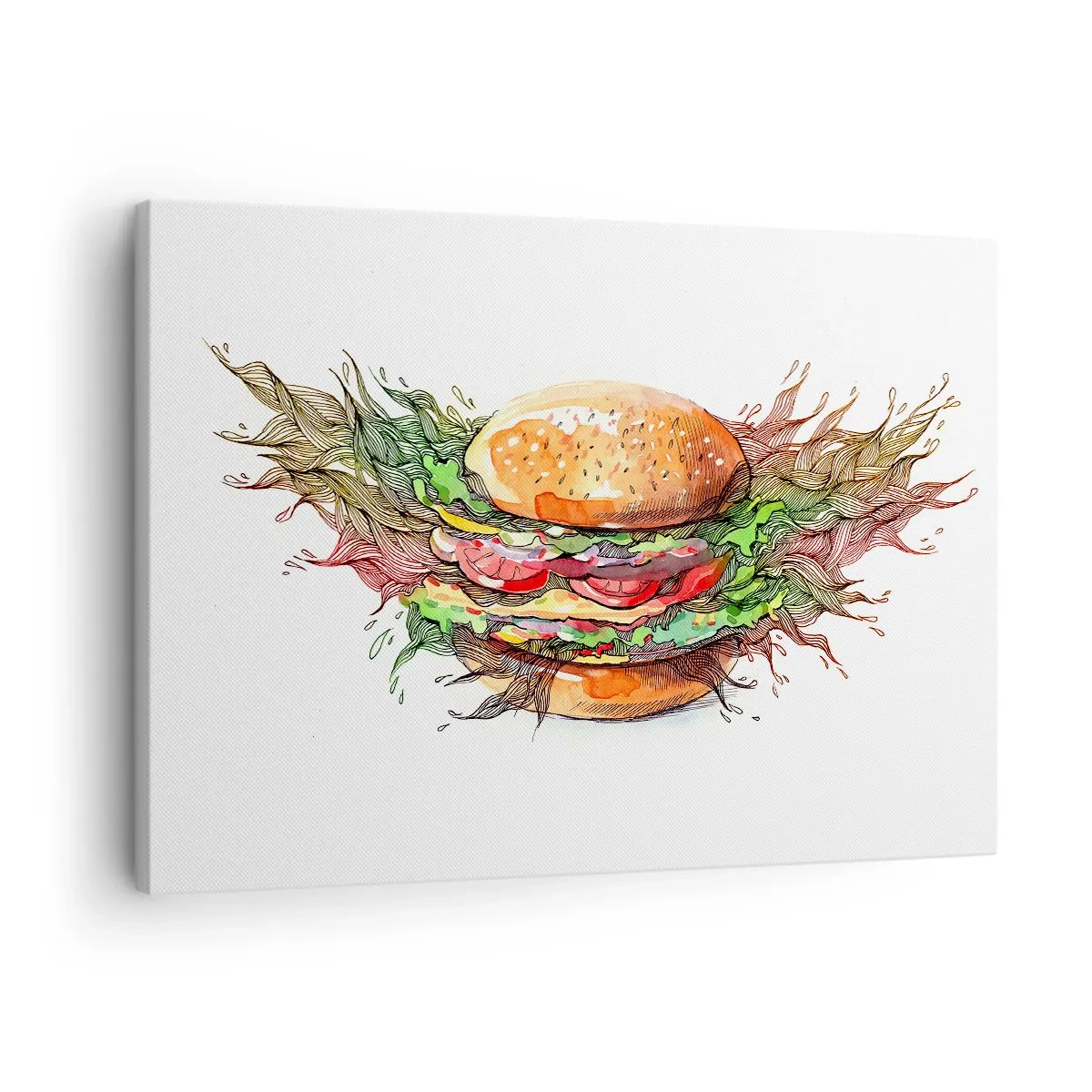 Obraz na plátne - Umelecká ilustrácia burgeru s dynamickými prvkami - 70x50cm - Horúce pokušenie - Moderná nástenná dekorácia do obývacej izby a spálne ARTTOR
