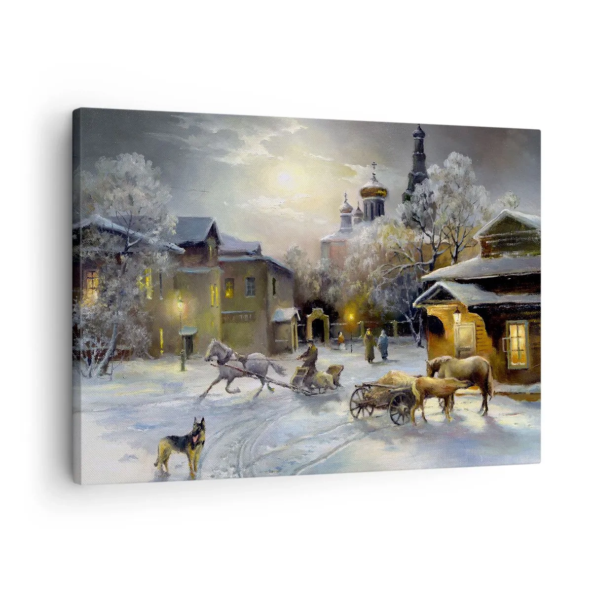 Obraz na plátne - Zimná krajina v ruskom meste so saňami a kostolom - 70x50cm - Kúzlo ruskej zimy - Moderná nástenná dekorácia do obývacej izby a spálne ARTTOR