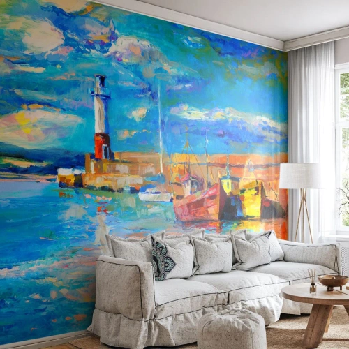 Fototapeta Premium Canvas - Popoludní v dúhovom zálive - Rybársky prístav, Rybarska lod, Maják - 250x175 cm