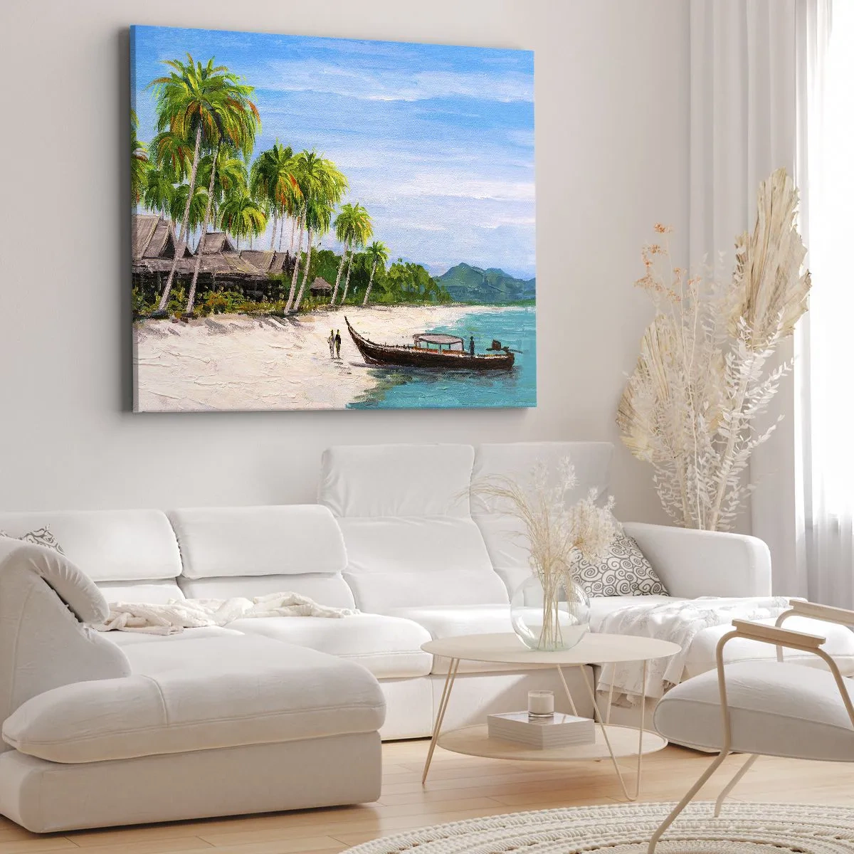 Obraz na plátne - Exotická pláž s palmami a loďkou na brehu - 70x50cm - Exotický sen - Moderná nástenná dekorácia do obývacej izby a spálne ARTTOR