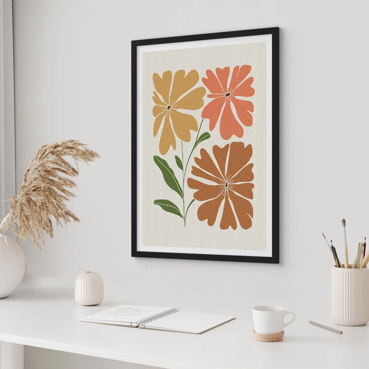 Plagát v čiernom ráme - Minimalistické kvety v teplých odtieňoch - 50x70cm - Príroda a geometria - Moderná nástenná dekorácia do obývacej izby a spálne ARTTOR