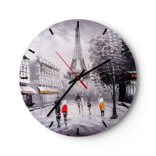 Nástenné hodiny - Ulica v Paríži s Eiffelovou vežou v pozadí - 30x30cm - Parížska prechádzka - Moderná nástenná dekorácia do obývacej izby, kuchyne a spálne ARTTOR