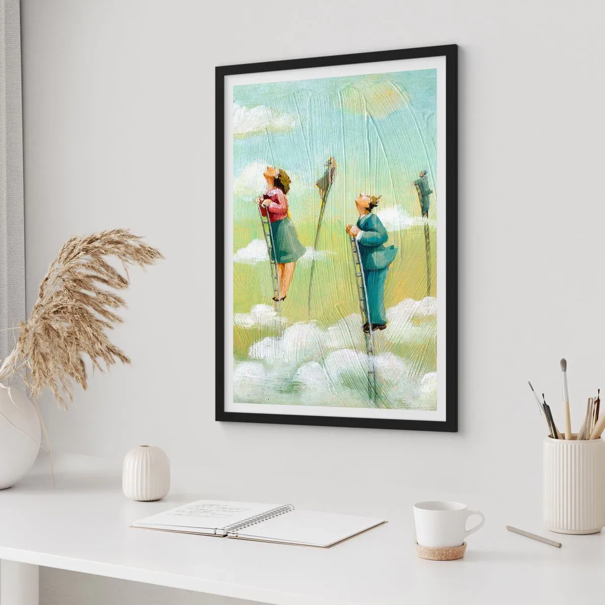 Plagát v čiernom ráme - Postavy lezúce po rebríkoch v oblakoch - 50x70cm - Za svojim snom - Moderná nástenná dekorácia do obývacej izby a spálne ARTTOR