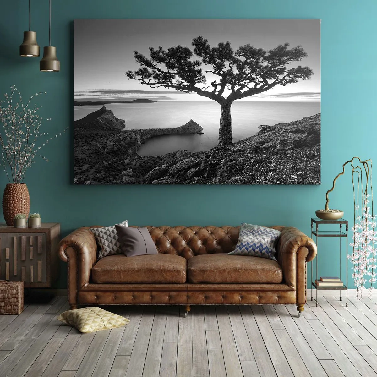 Obraz na plátne - Čiernobiela krajina s osamelým stromom na útese nad morom - 70x50cm - Pokoj až k horizontu - Moderná nástenná dekorácia do obývacej izby a spálne ARTTOR