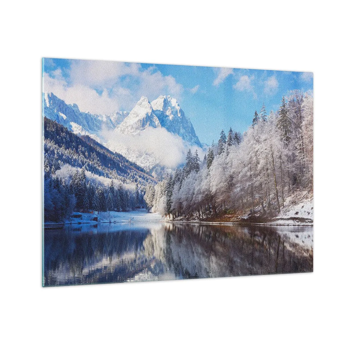 Obraz na skle - Zimná krajina s horami a zamrznutým jazerom - 70x50cm - Snehová stráž - Moderná nástenná dekorácia do obývacej izby a spálne ARTTOR