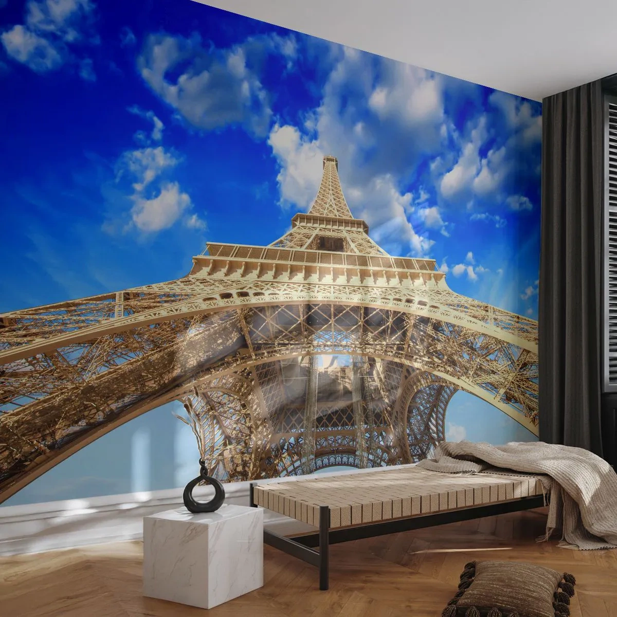 Samolepiaca Fototapeta Deluxe Sticker - Dosiahnuť na oblohu a mraky - Mesto, Paríž, Eiffelova veža - 250x175 cm