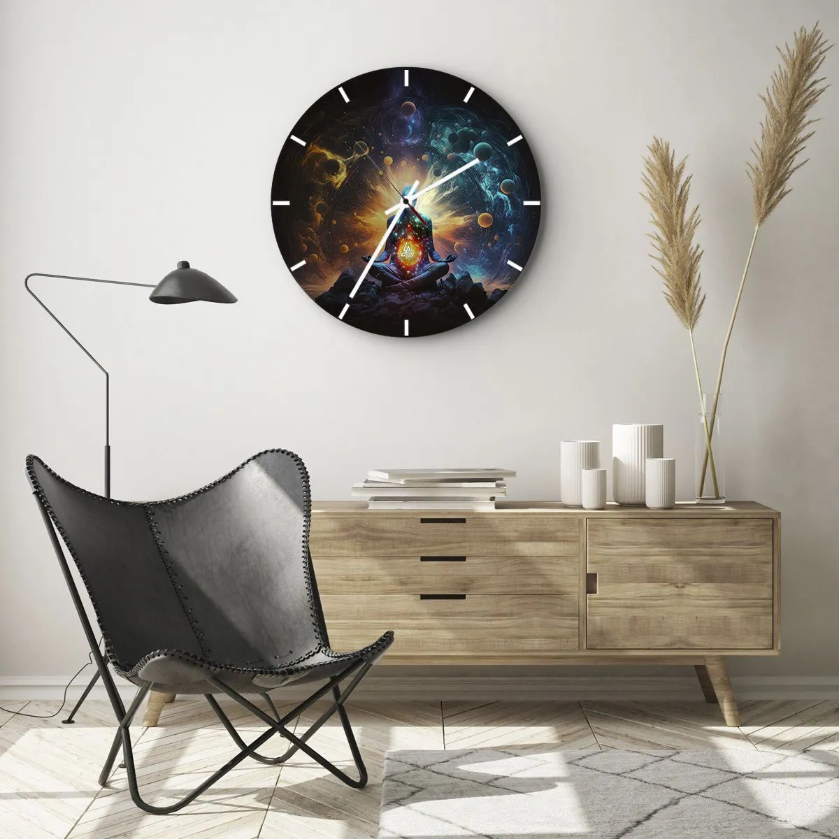 Nástenné hodiny - Postava v meditácii obklopená kozmickou energiou a planétami. - 30x30cm - Vesmírny pokoj - Moderná nástenná dekorácia do obývacej izby, kuchyne a spálne ARTTOR