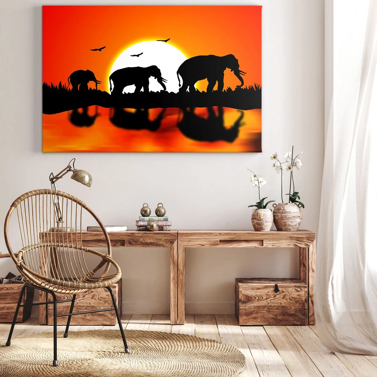 Obraz na plátne - Siluety slonov pri západe slnka nad vodou s odrazom - 70x50cm - A večer na malý drink - Moderná nástenná dekorácia do obývacej izby a spálne ARTTOR