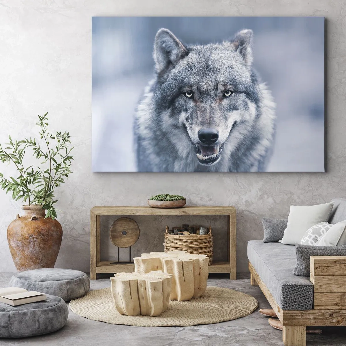Obraz na plátne - Vlk s intenzívnym pohľadom v zimnej krajine - 70x50cm - Prijmete túto výzvu? - Moderná nástenná dekorácia do obývacej izby a spálne ARTTOR