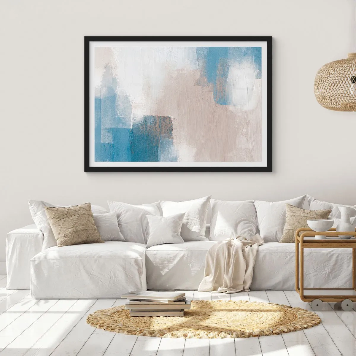 Plagát v čiernom ráme - Ružová abstrakcia za modrým závojom - 40x30 cm