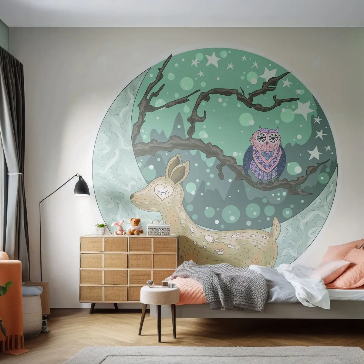 Fototapeta Premium Canvas - Rozprávková, lesná noc - Pre deti, Grafika, hviezdy - 250x175 cm