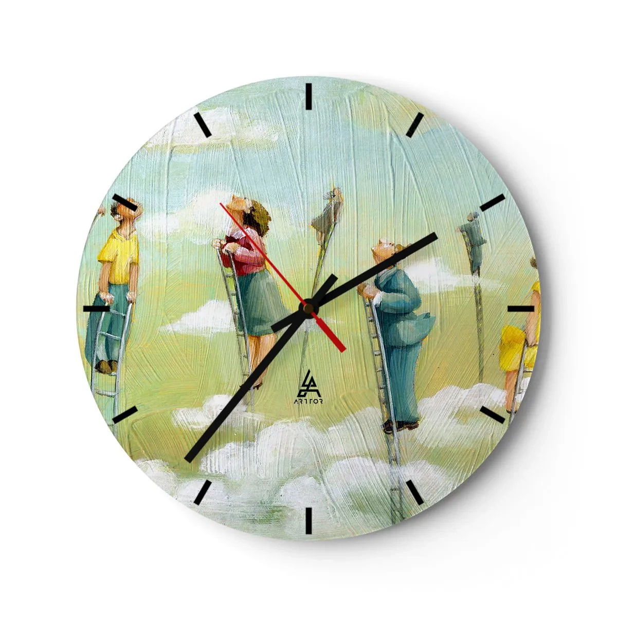 Nástenné hodiny - Ľudia lezúci po rebríkoch v oblakoch na farebnom pozadí - 30x30cm - Za svojim snom - Moderná nástenná dekorácia do obývacej izby, kuchyne a spálne ARTTOR
